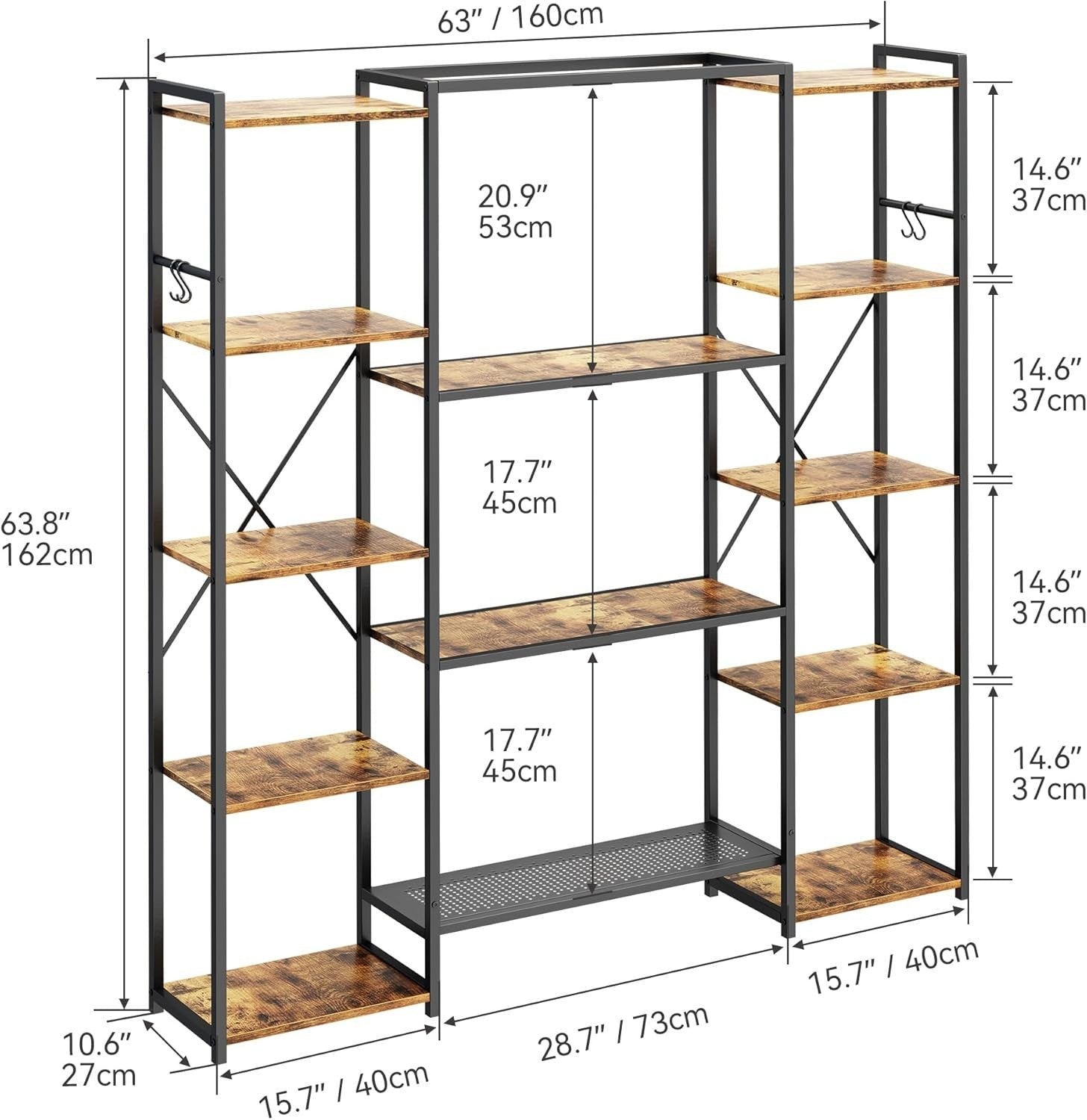 13 Shelf Industrial Bookcase Rustic Brown Metal & Wood Storage Display Rack