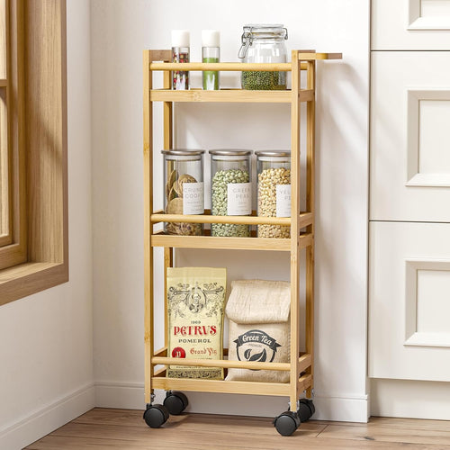 Bamboo 3 Tier Rolling Kitchen Trolley Cart with Wheels Storage Shelf