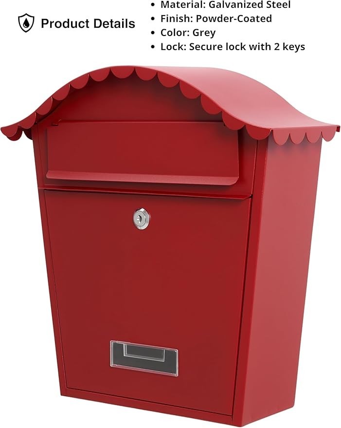 Lockable Wall Mailbox Weatherproof Steel Red 36x13x37cm