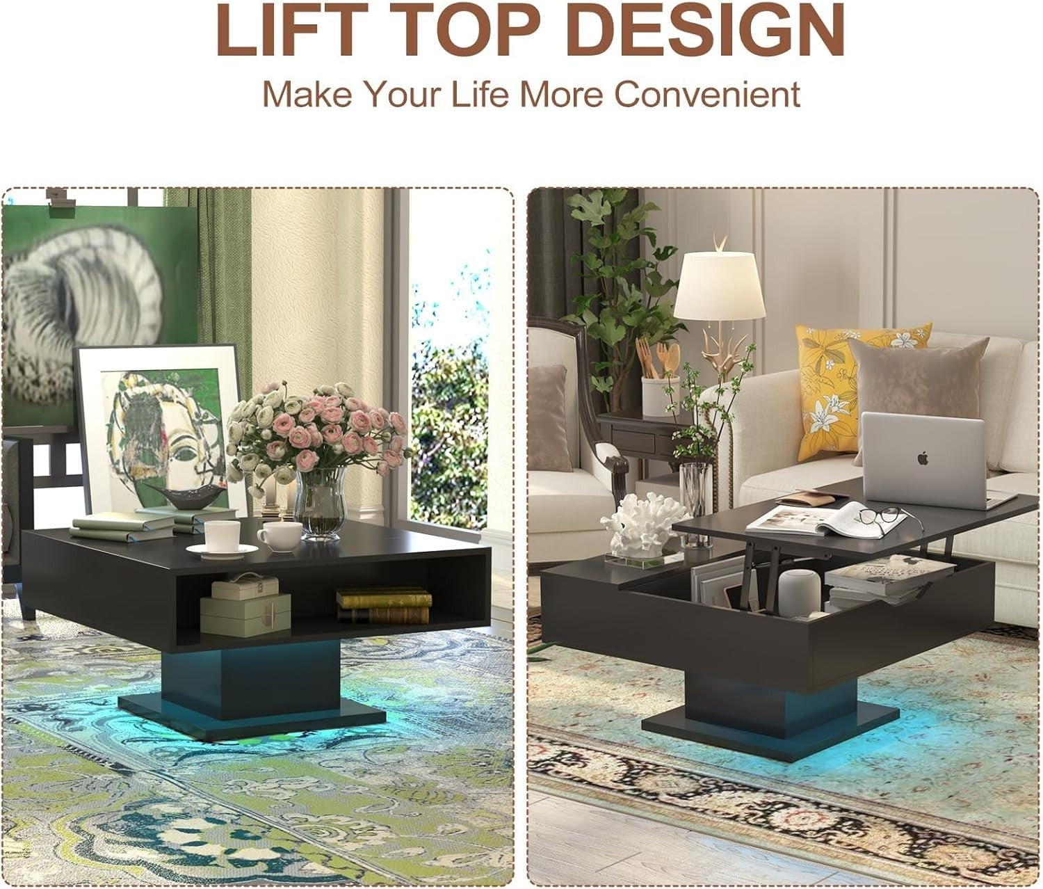 Lift Top LED Coffee Table with Storage 78x78cm – Black Modern Living Room