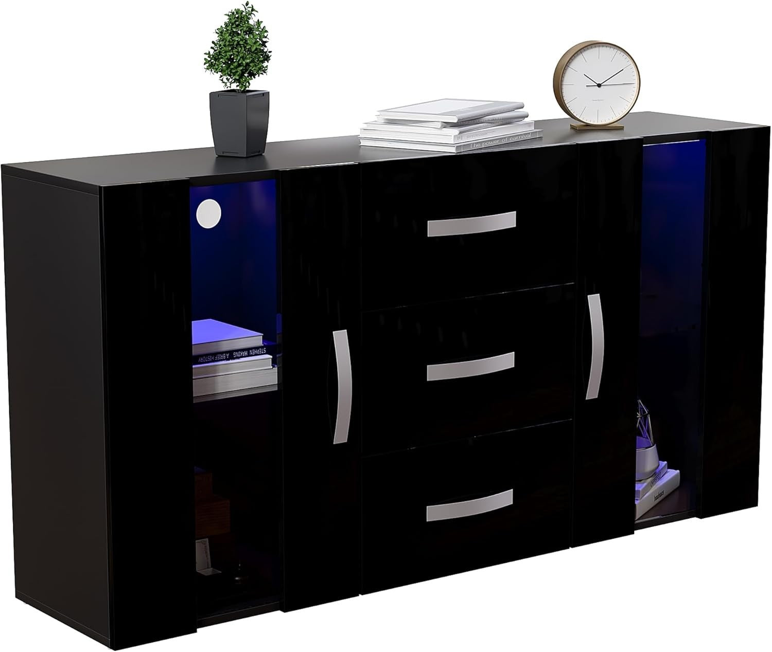 Black LED Sideboard Cabinet RGB Lights 3 Drawers 2 Doors Modern Unit