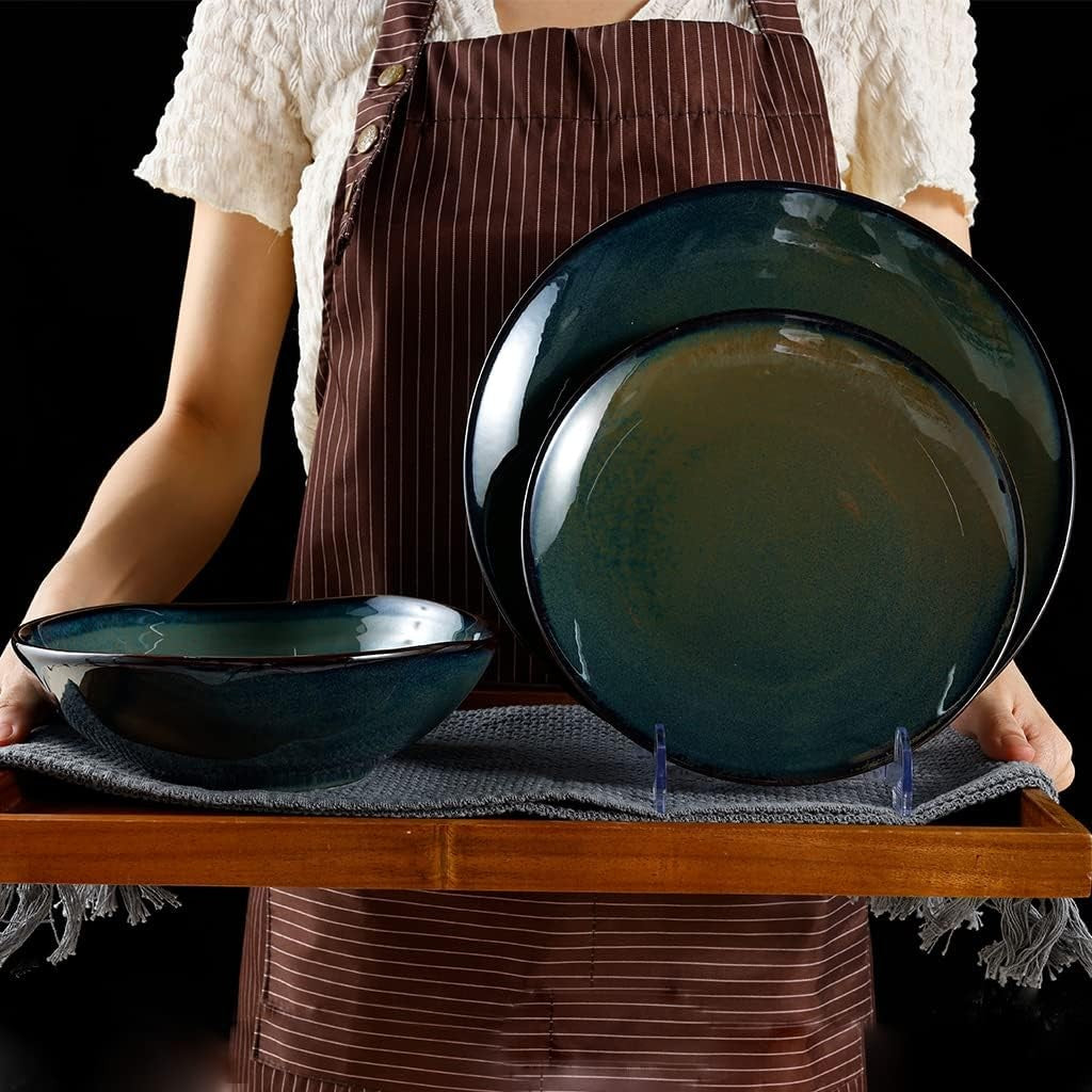 Mediterranean Ceramic Dinnerware Set 12 Piece Blue Green Gold Plates Bowls
