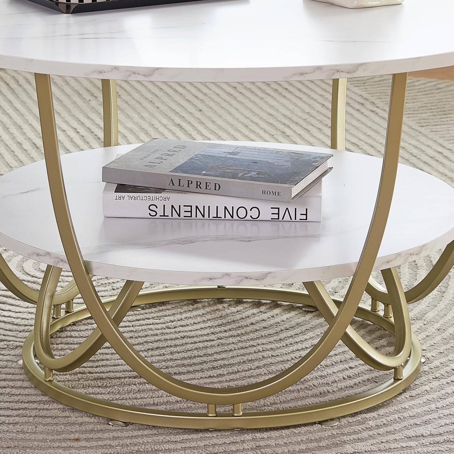 Modern Round Coffee Table White Marble 2-Tier Gold Frame 76x76cm Storage