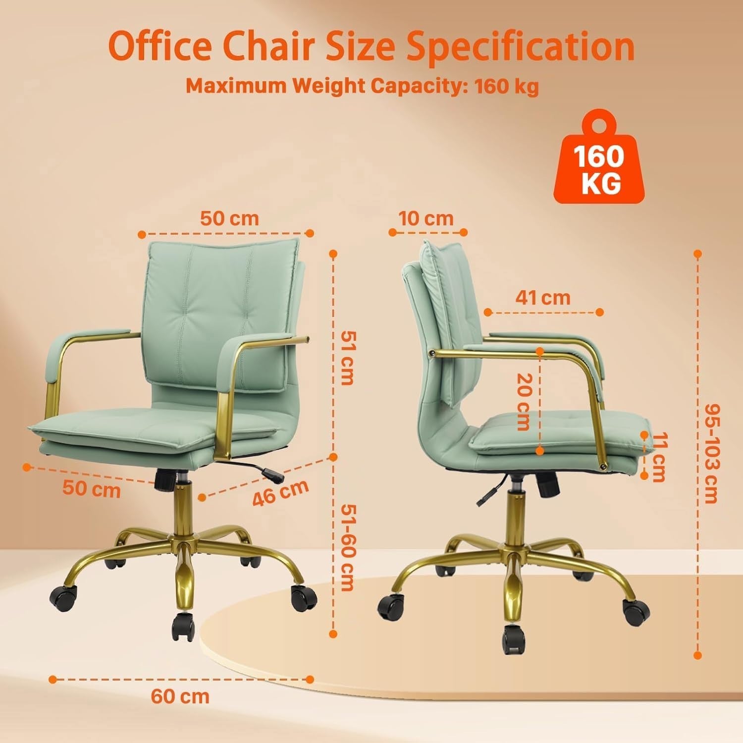 Ergonomic Office Desk Chair Swivel Wheel Green Faux Leather Adjustable Height