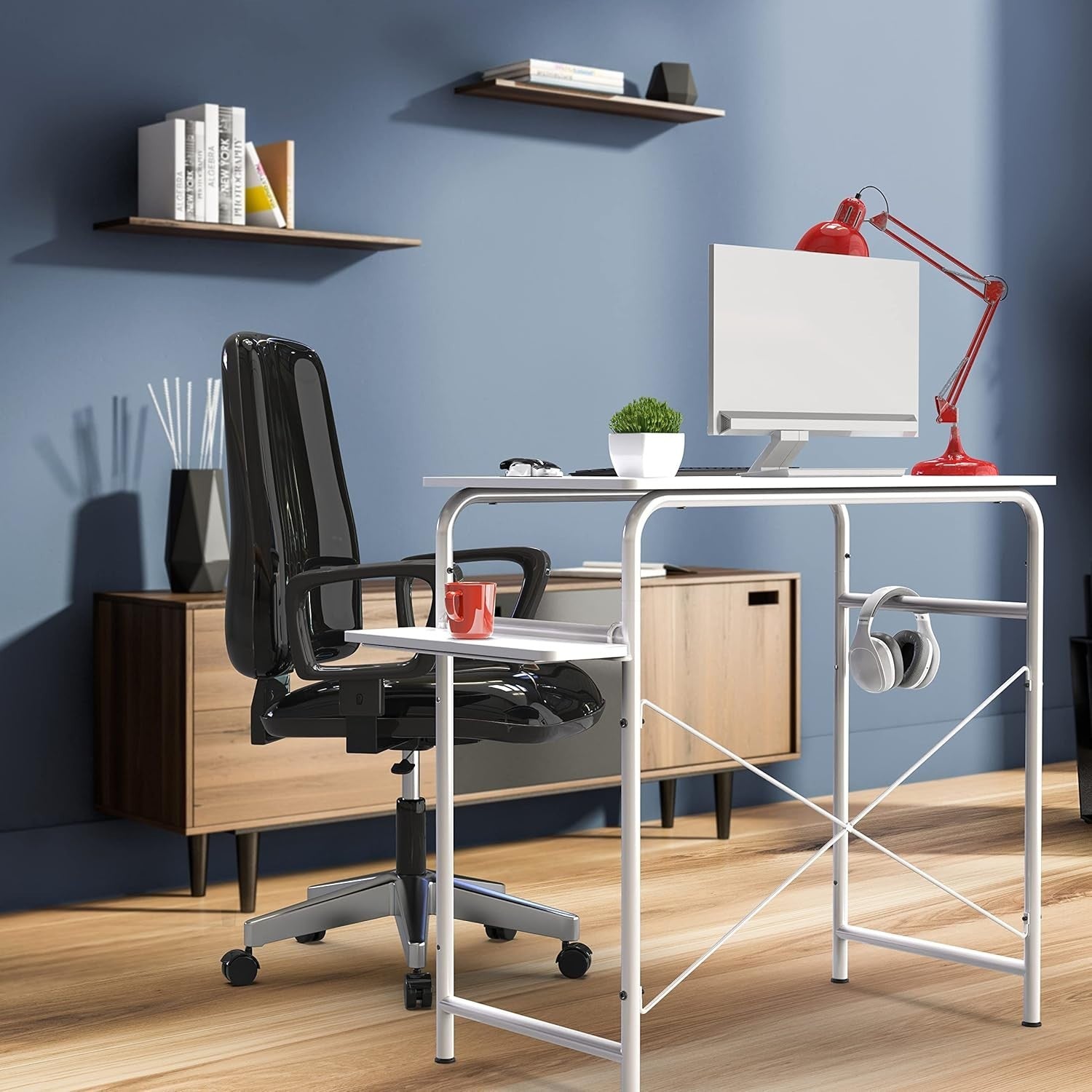 White Compact Writing Desk 79x41cm Modern Computer Table with Side Shelf