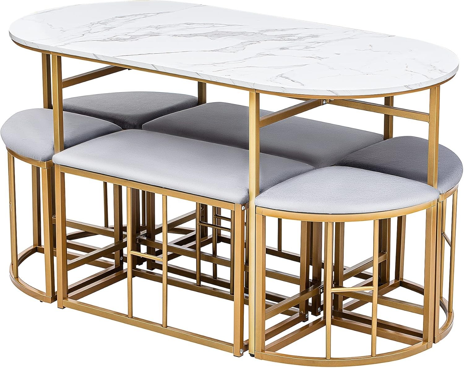 Modern White Marble Dining Table Set with 4 Chairs & 6 Stools – Stylish & Durabl
