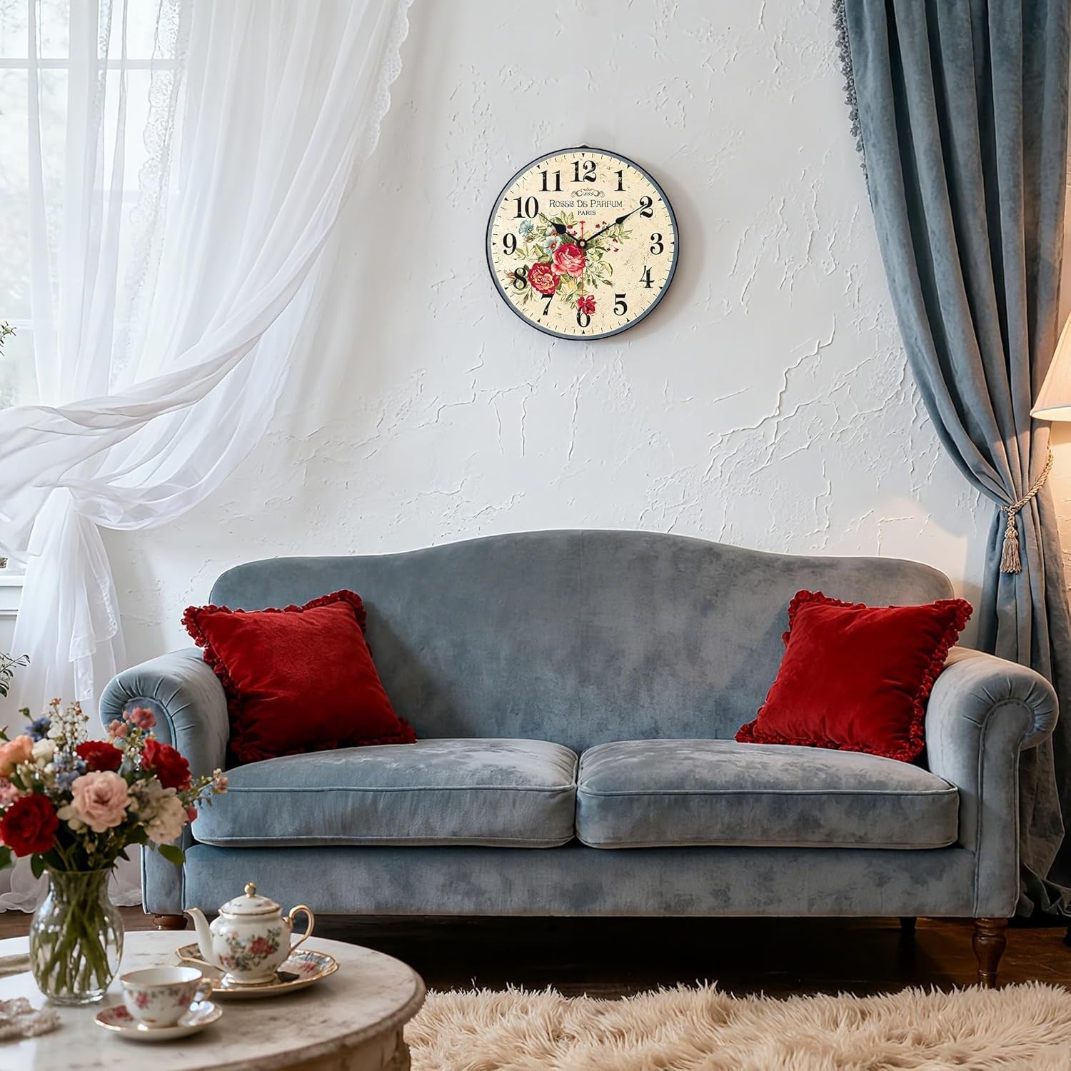 14” Vintage Floral Wall Clock Silent Non-Ticking Wooden Rustic Arabic Numeral