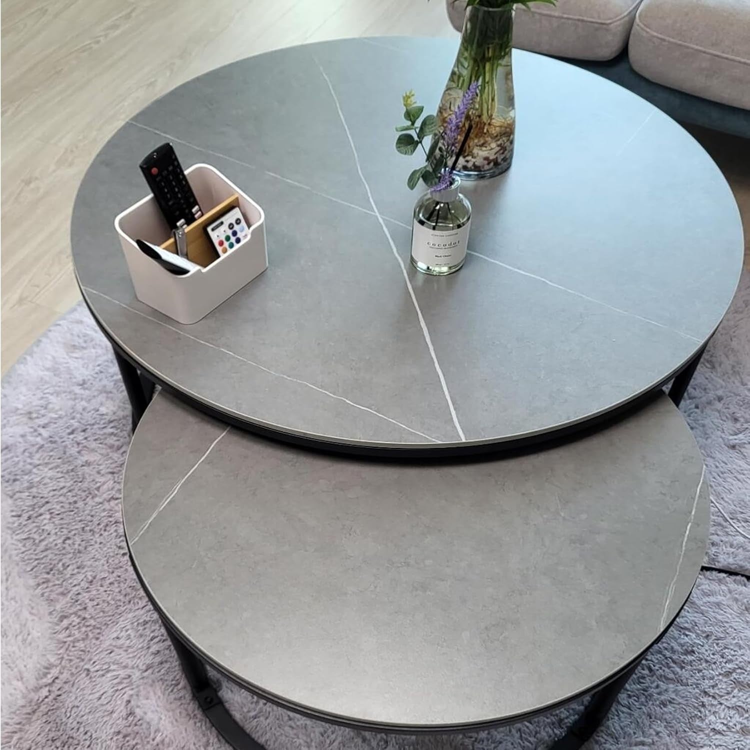 Space Saving Nesting Coffee Table Set 2 Round Marble Stone Metal Living Room