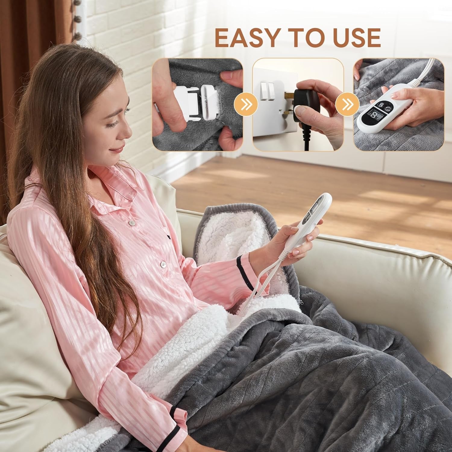 Electric Heated Throw Blanket Grey Flannel Fleece 160x118cm 6 Heat Timer
