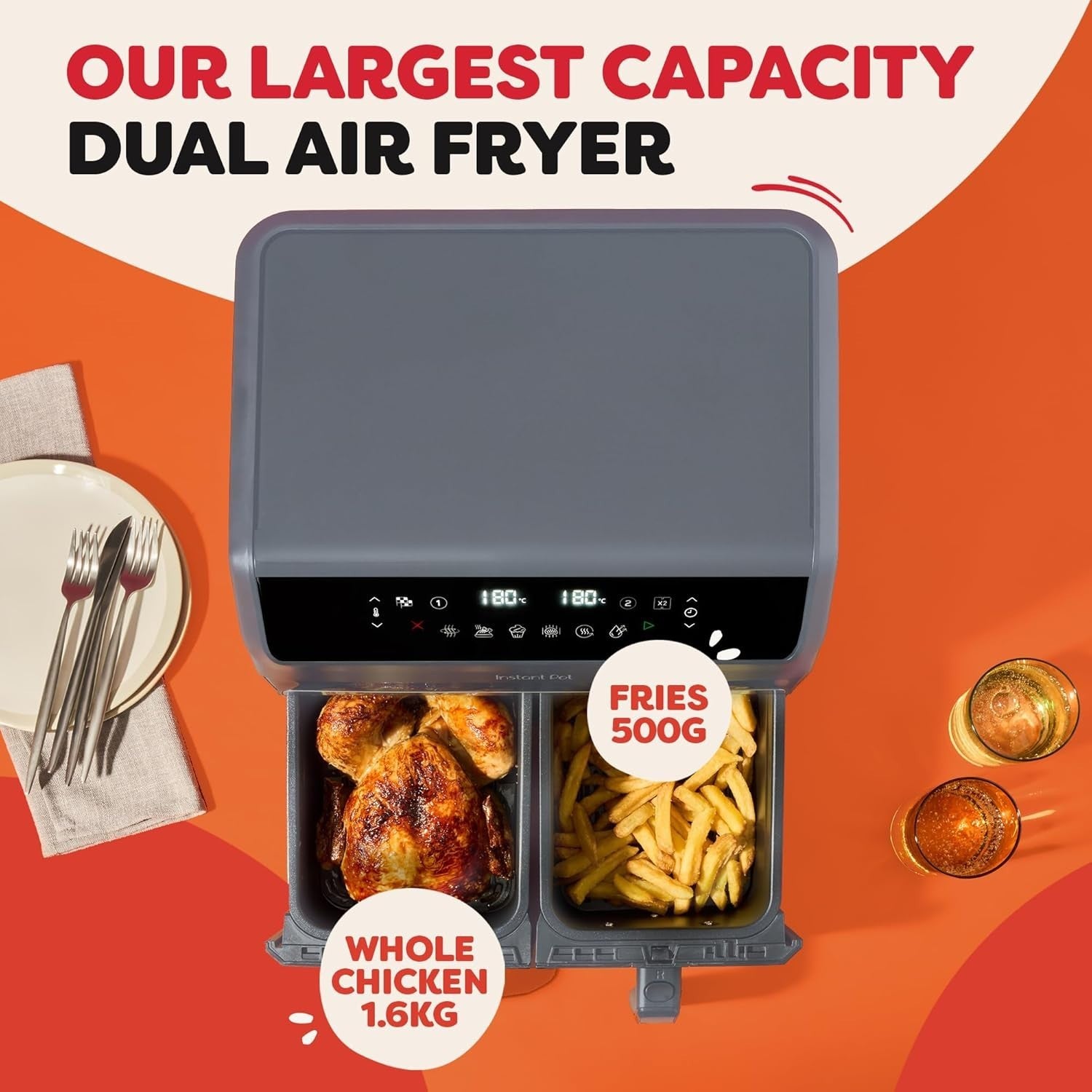 8L Dual Air Fryer Twin 4L Baskets 8-in-1 Digital Grill Bake Roast Reheat Grey