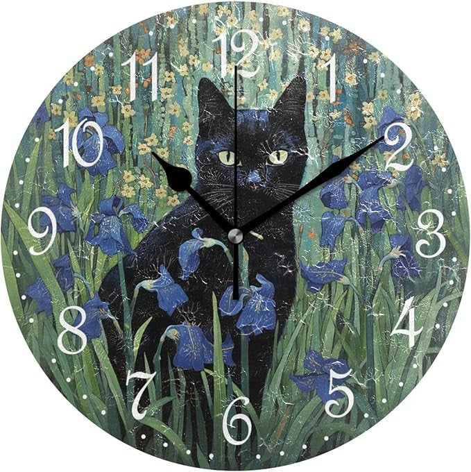 Black Cat Wall Clock 25cm Silent Non-Ticking Floral Art Decorative Home Decor