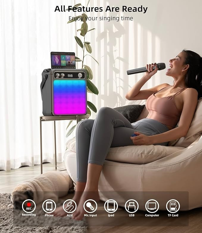 Portable Bluetooth Karaoke Machine with 2 Wireless Mics, LED Lights & Echo
