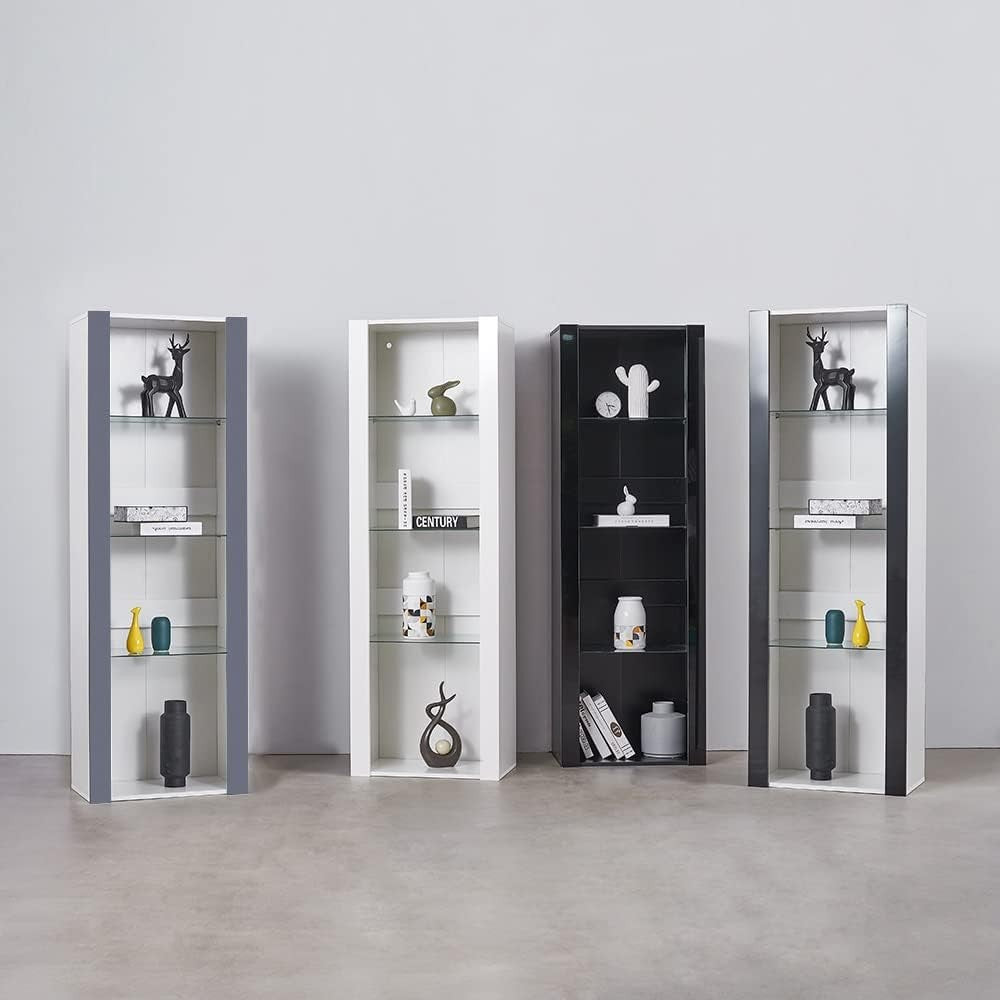 Tall LED Display Cabinet White Matt Grey Gloss Glass Shelves Modern Cupboard