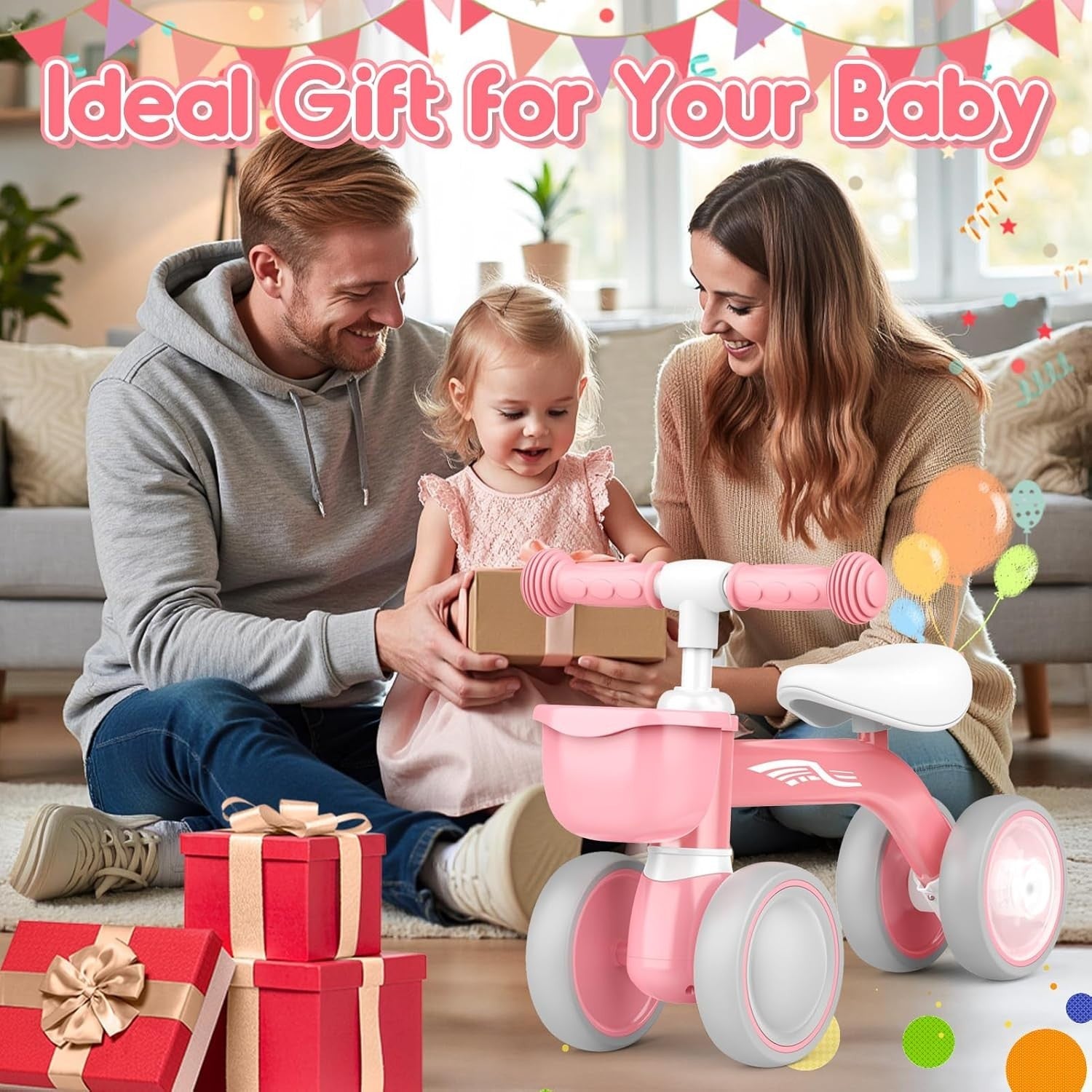 Baby Balance Bike LED Wheels Toddler Ride On Walker Basket Pink 1-3 Years