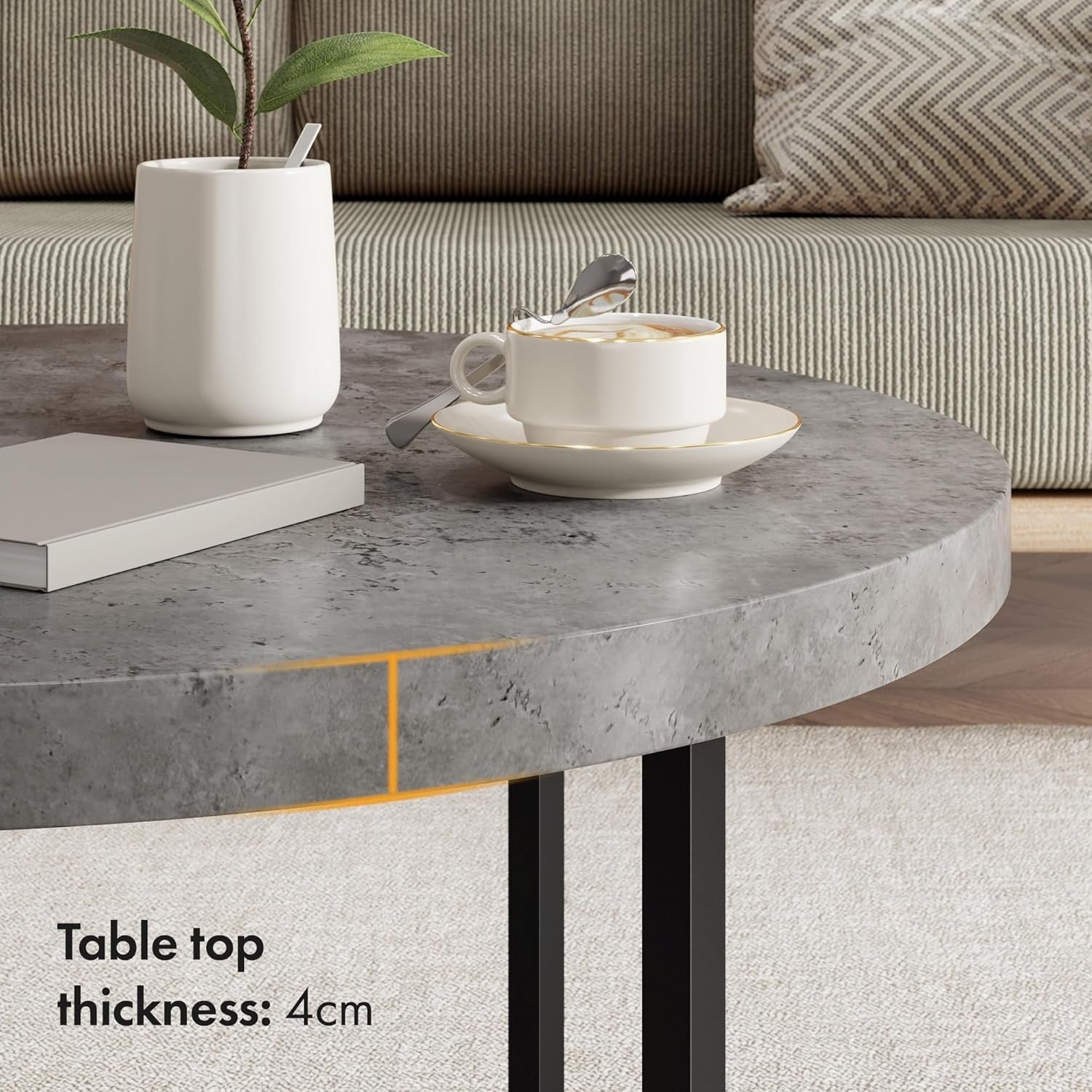 Round Grey Concrete Look Coffee Table 80cm Modern Metal Legs Lounge Table