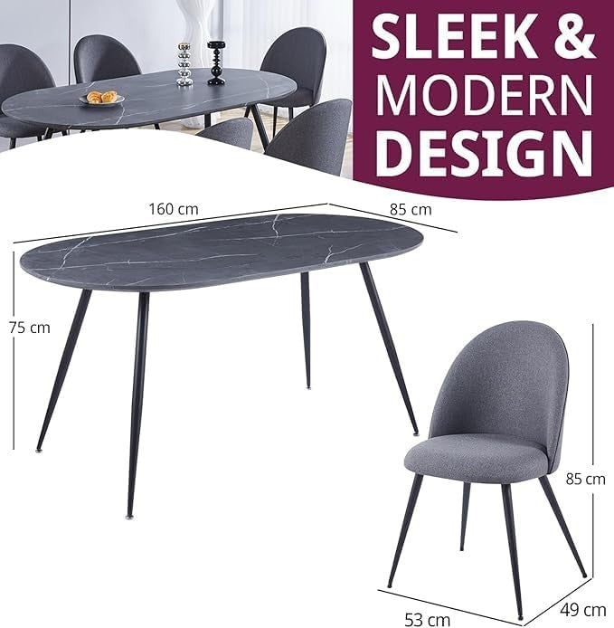 6 Seater Grey Marble Oval Dining Table Set with Curved Fabric Chairs