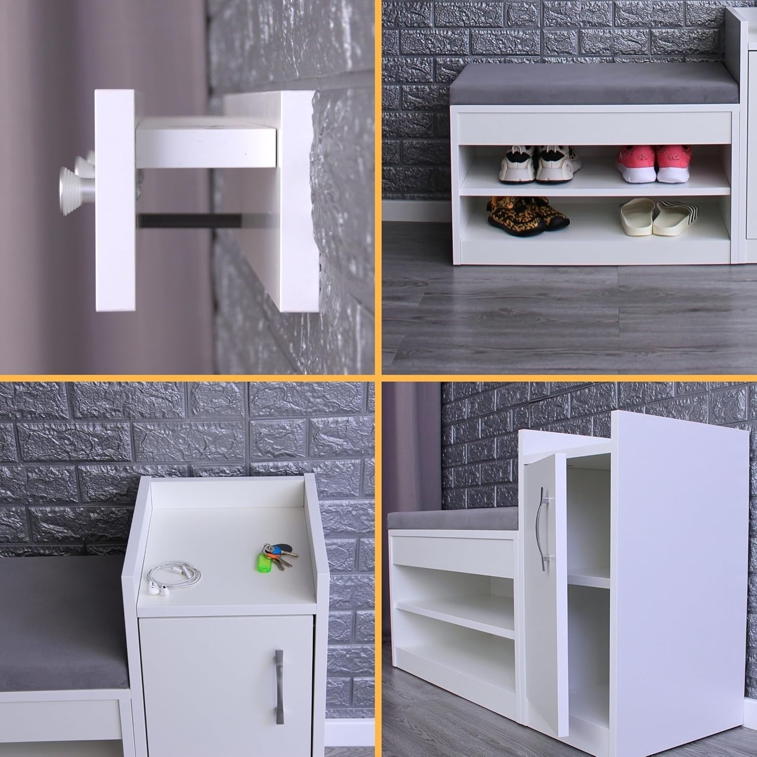 White Shoe Bench with Cushion & Wall Coat Rack Set Hallway Storage 100x35x60cm