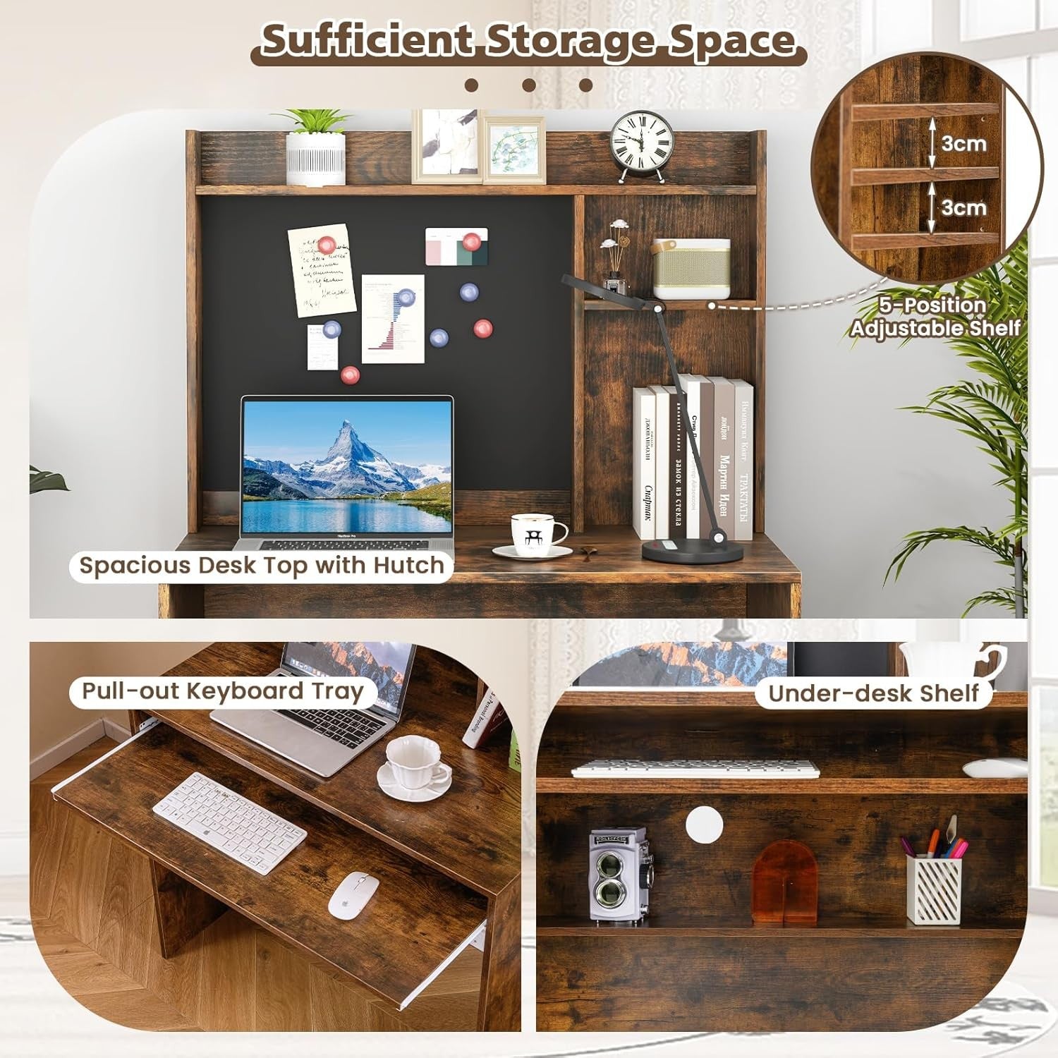 Computer Desk with Hutch Storage Keyboard Tray Study Workstation Rustic