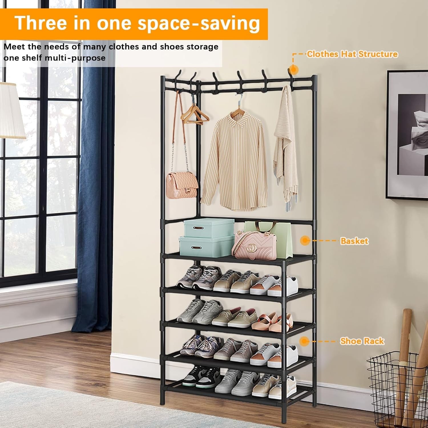 Black 5-Tier Coat & Shoe Rack | Hallway Storage Stand with Hooks & Shelves