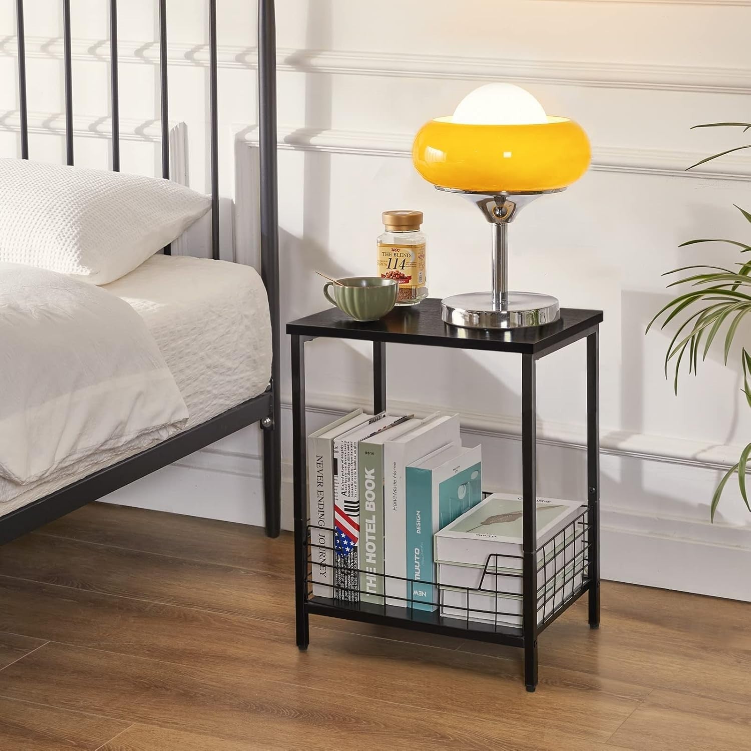 Black Marble Top Side Table with Storage Rack – Small Nightstand & Coffee Table