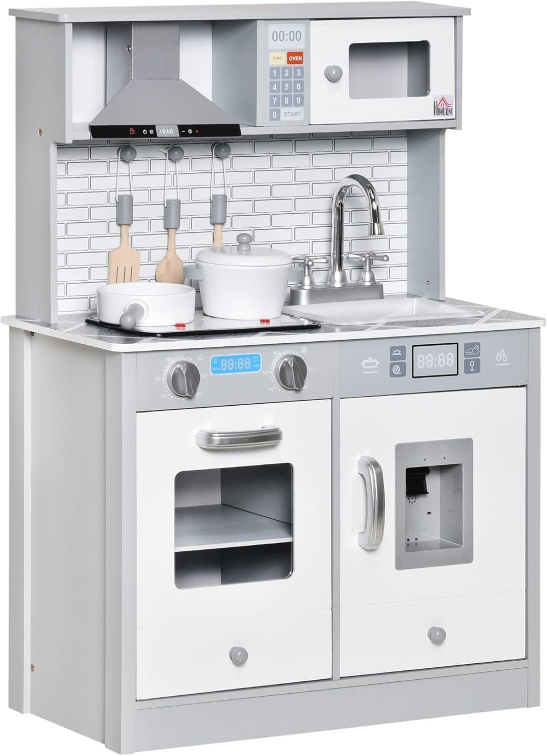 Kids Wooden Play Kitchen Lights Sounds Ice Maker Grey Toy Set