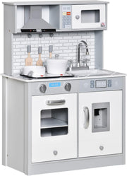 Kids Wooden Play Kitchen Lights Sounds Ice Maker Grey Toy Set