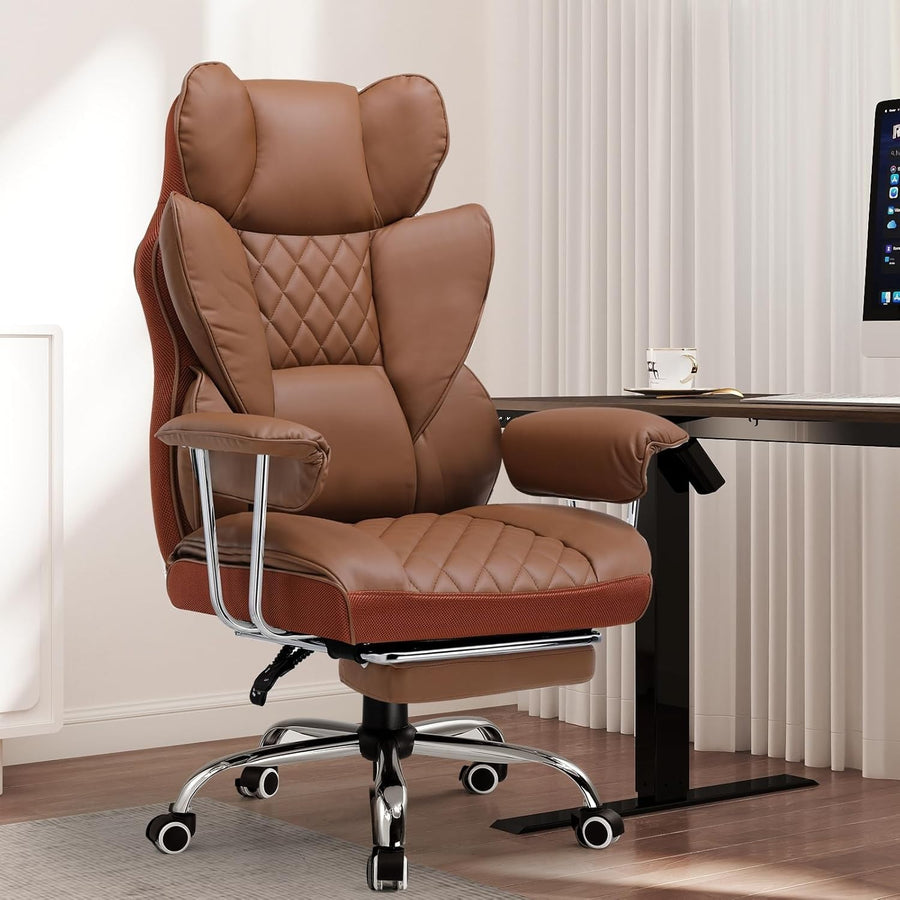 High Back Gaming Chair Ergonomic Swivel Recliner Office Seat Footrest Brown