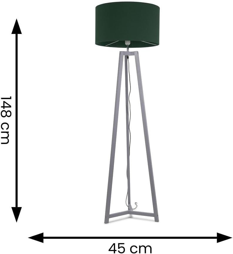 Grey Wooden Tripod Floor Lamp Forest Green Drum Shade LED Light