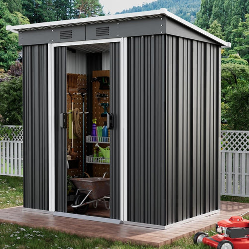 6x4ft Outdoor Garden Storage Shed Waterproof Resin Wood Look Brown Double Door