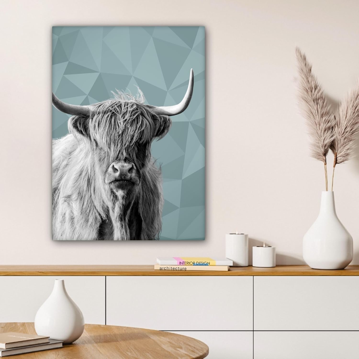 Highland Cow Canvas Wall Art 60x80cm Framed Modern Black White
