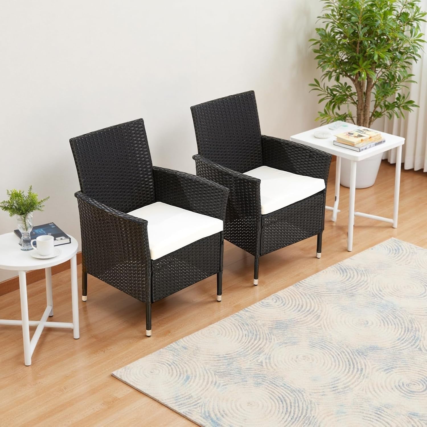 Black Rattan Garden Dining Chairs Set of 2 Cushioned High Back Patio Armchairs