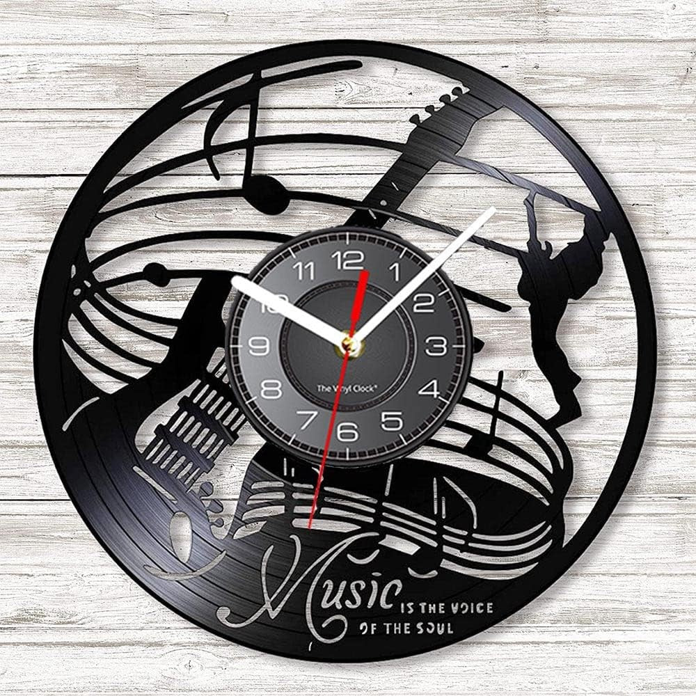 Blue LED Guitar Vinyl Wall Clock Music Decor Silent 30cm Night Light Gift