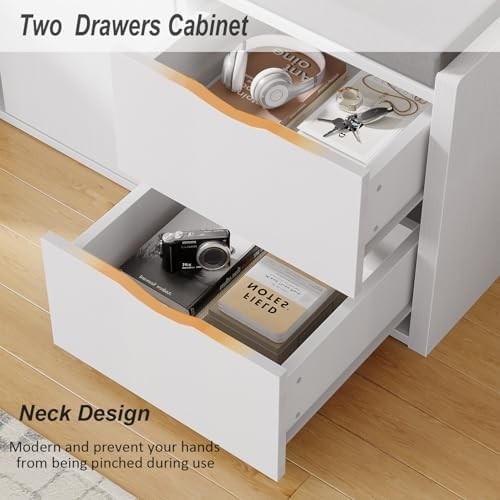 White Oak Entryway Shoe Storage Bench, Cushion 2 Drawers Hidden Rack 101x34x45cm