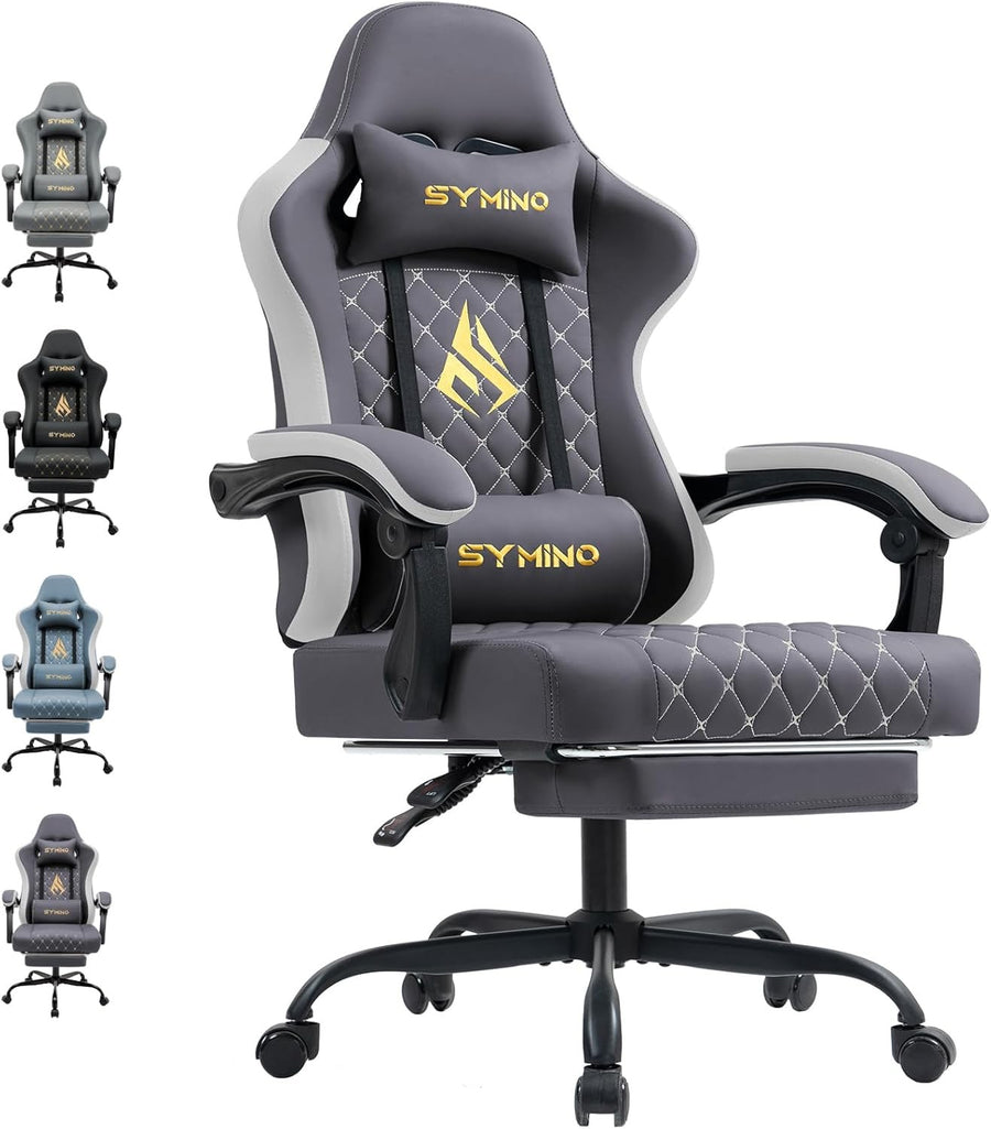Ergonomic Gaming Chair w/ Footrest Recliner PU Leather Grey Grey White