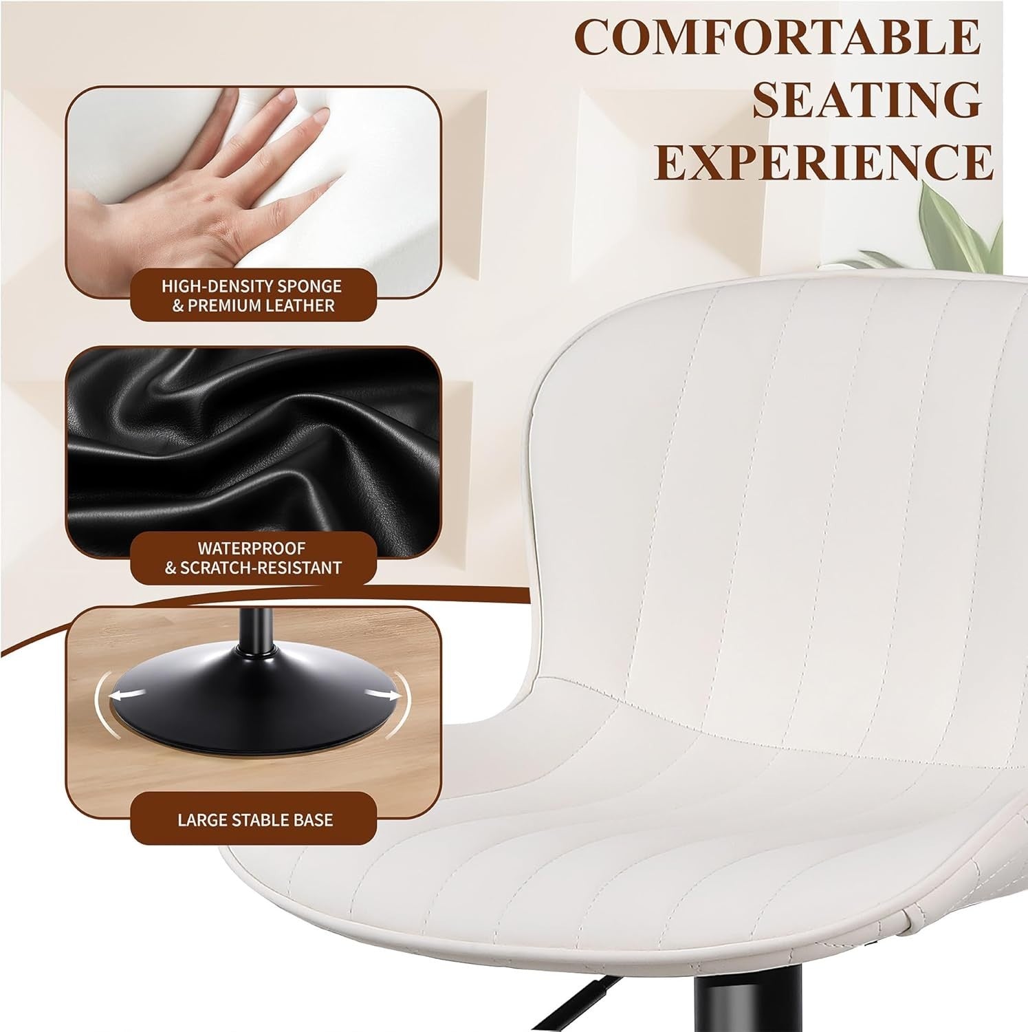 Beige PU Leather Bar Stools Set of 3 Adjustable Kitchen Counter Chairs