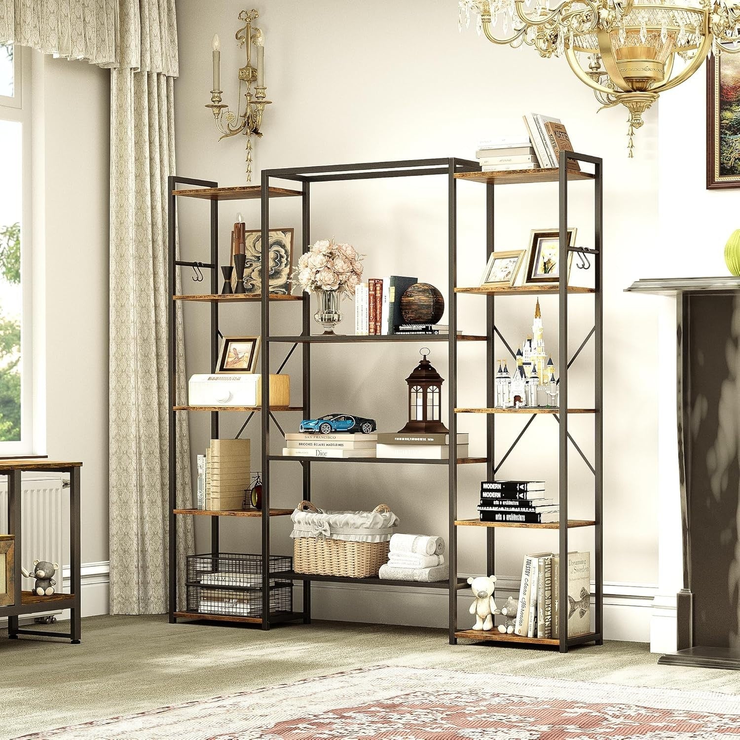 13 Shelf Industrial Bookcase Rustic Brown Metal & Wood Storage Display Rack