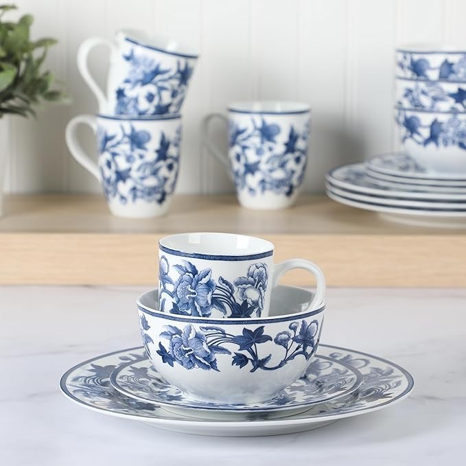 16pc Blue Floral Stoneware Dinnerware Set Plates Bowls Mugs Dishwasher Safe