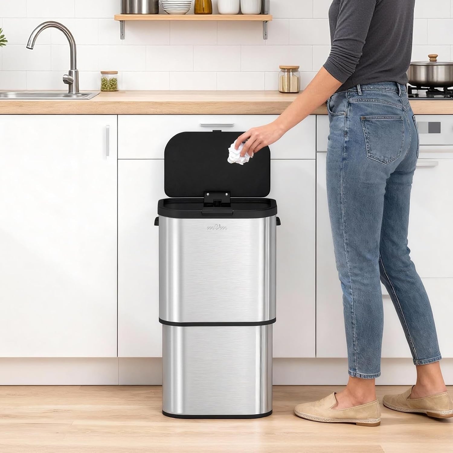 60L Kitchen Trash Bin | Stainless Steel Large Garbage Bin with Lid