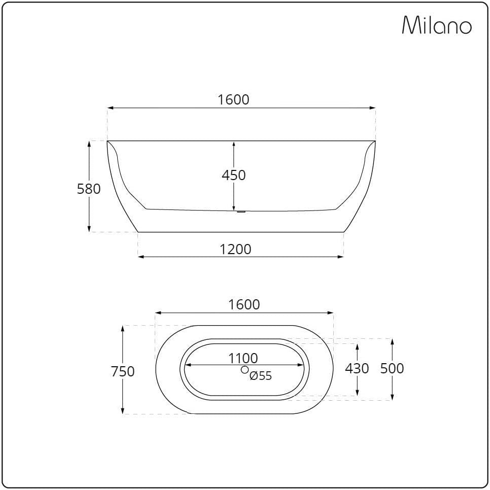 White Double Ended Freestanding Bath 1600x750mm Copper Overflow
