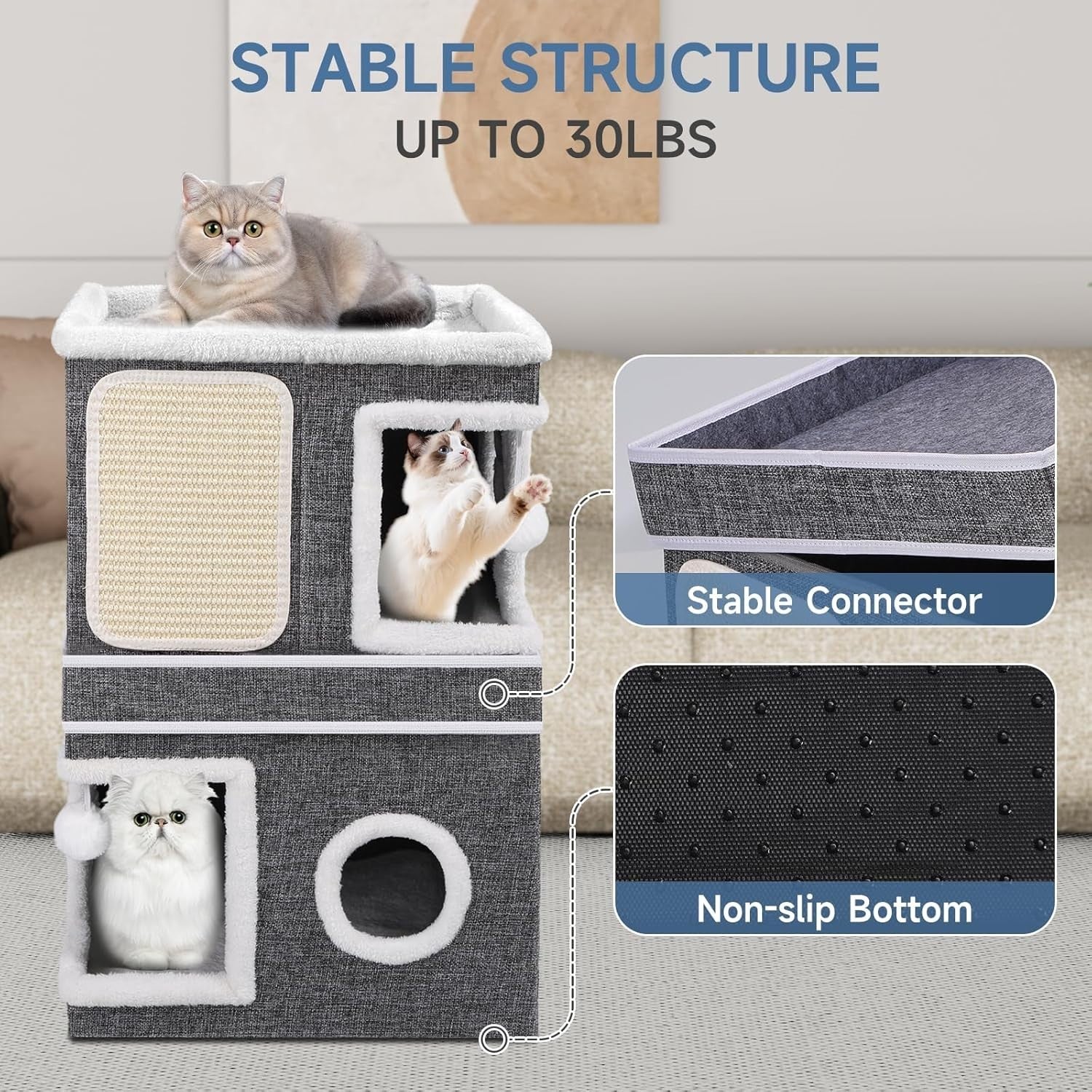 3 Tier Foldable Cat Cube House Cat Cave Condo w Scratch Pads Balls