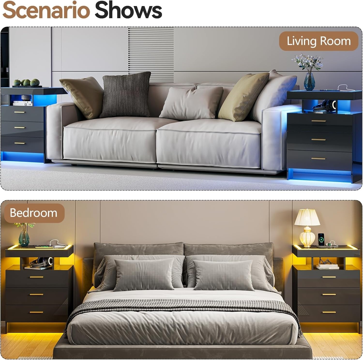 Black LED Bedside Table with Wireless Charging, Glass Top & 3 Drawer Storage