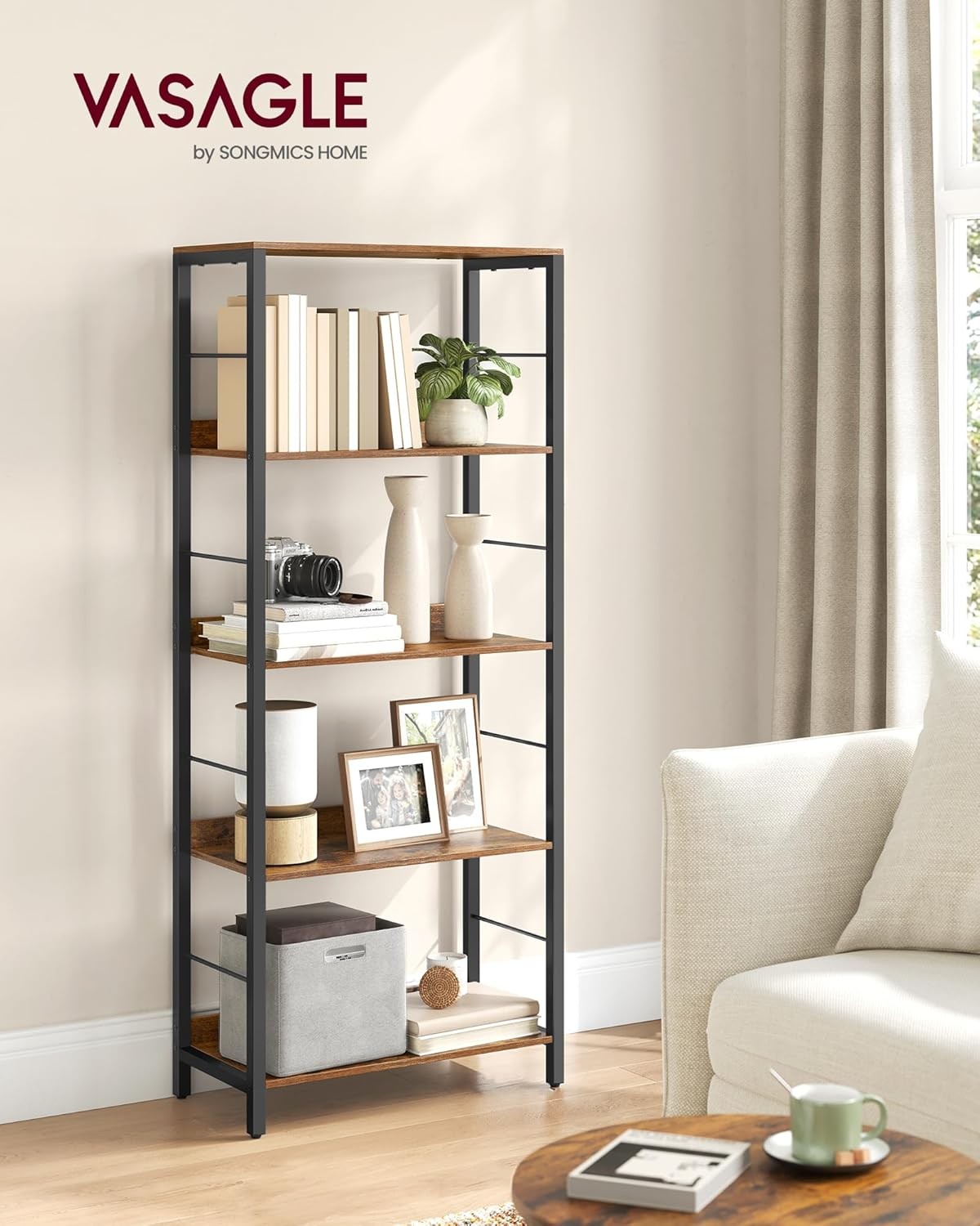 5-Tier Industrial Bookshelf Unit | Rustic Brown Storage Shelving for Home Office