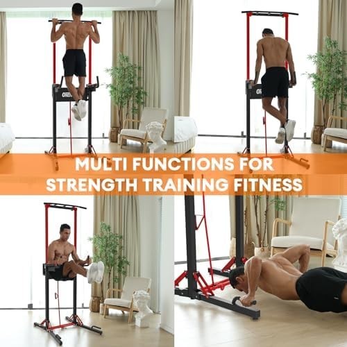 Black Foldable Power Tower Pull Up Dip Station Adjustable Home Gym 600lbs