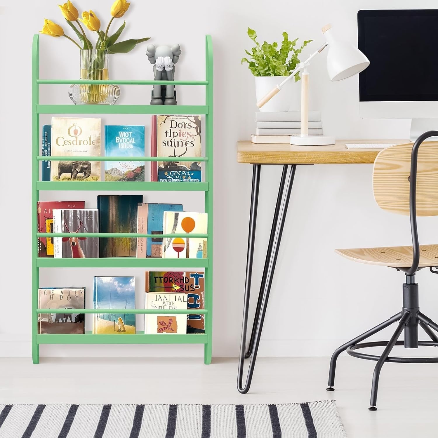 Modern 4-Tier Kids Bookshelf Wooden Storage Rack Trapezium 117x60x4.5cm