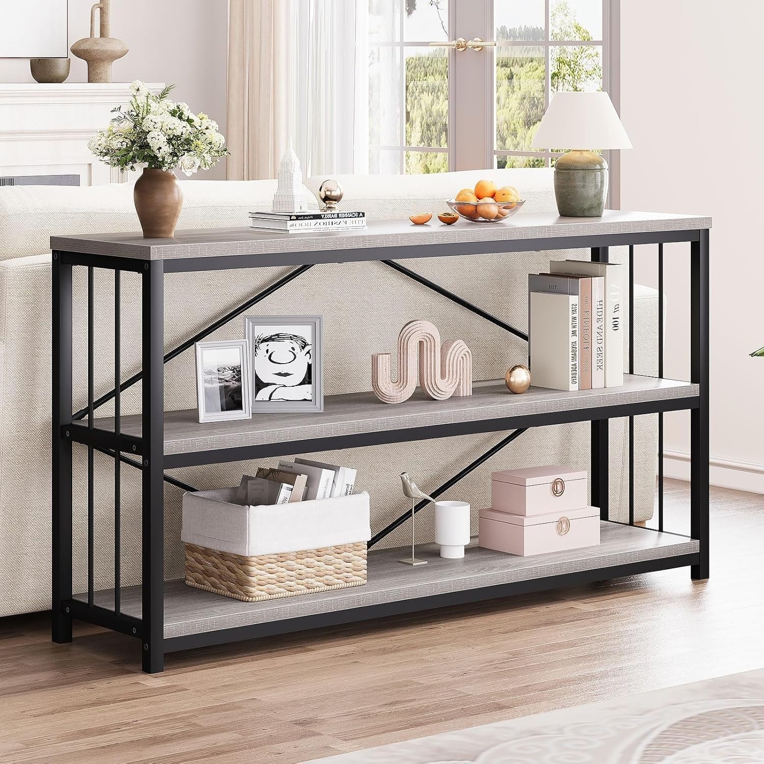 Industrial Console Table 3-Tier Storage, Metal Frame, Rustic Entryway Shelf, 140
