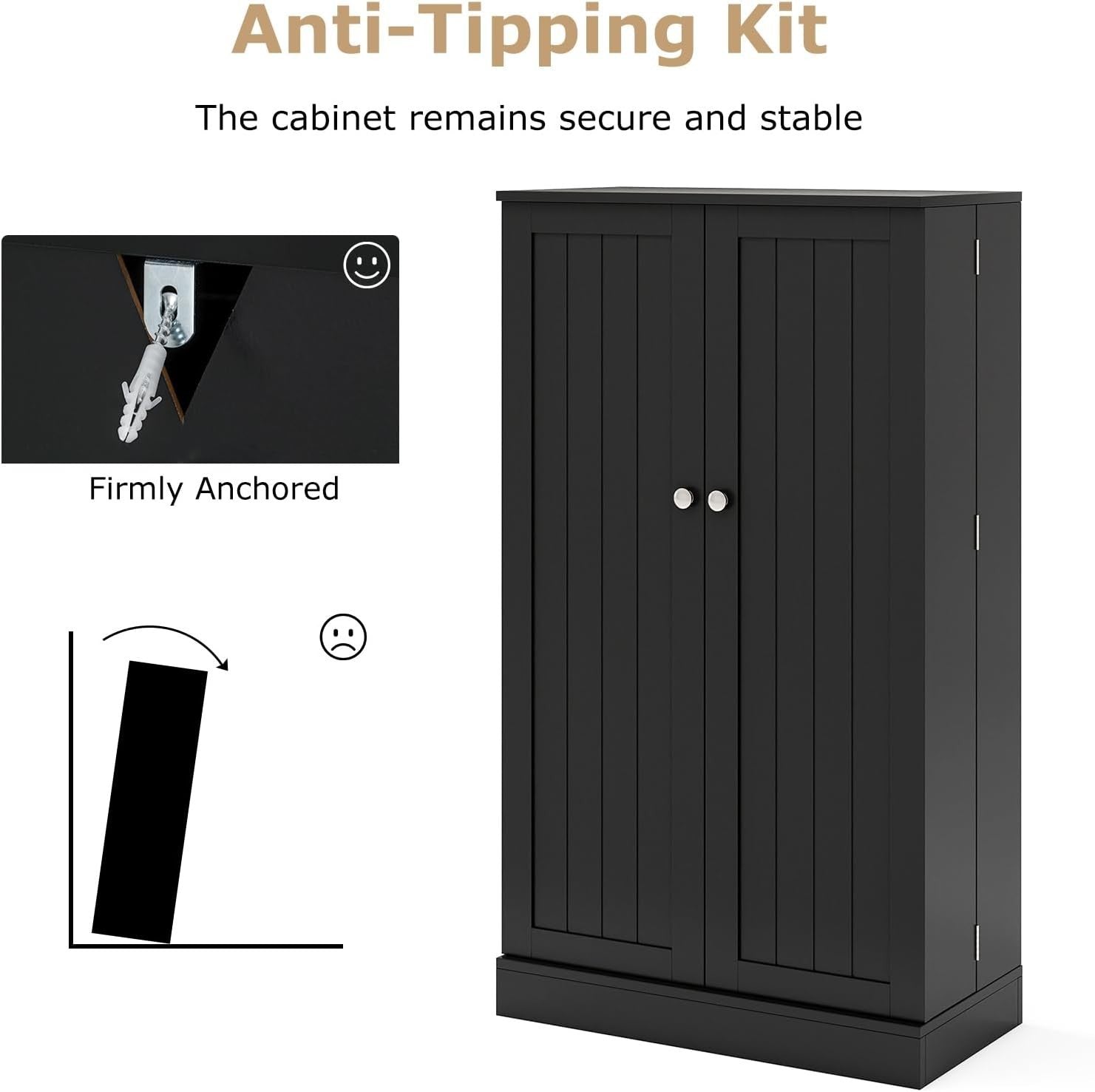 Kitchen Cupboard Pantry Cabinet 17 Shelves 2 Doors Black Small