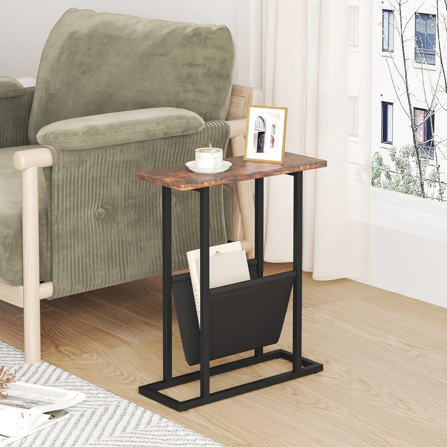 Narrow Side Table with Storage Bag Slim Sofa Bedside Table Small Space 18x45x54