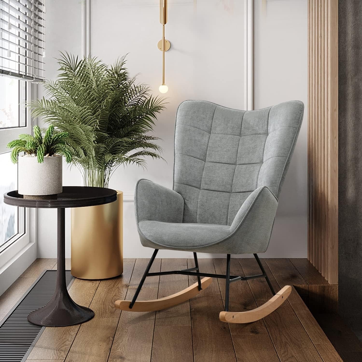 Grey Rocking Chair for Nursery w/ High Back, Fabric Seat & Wood Base