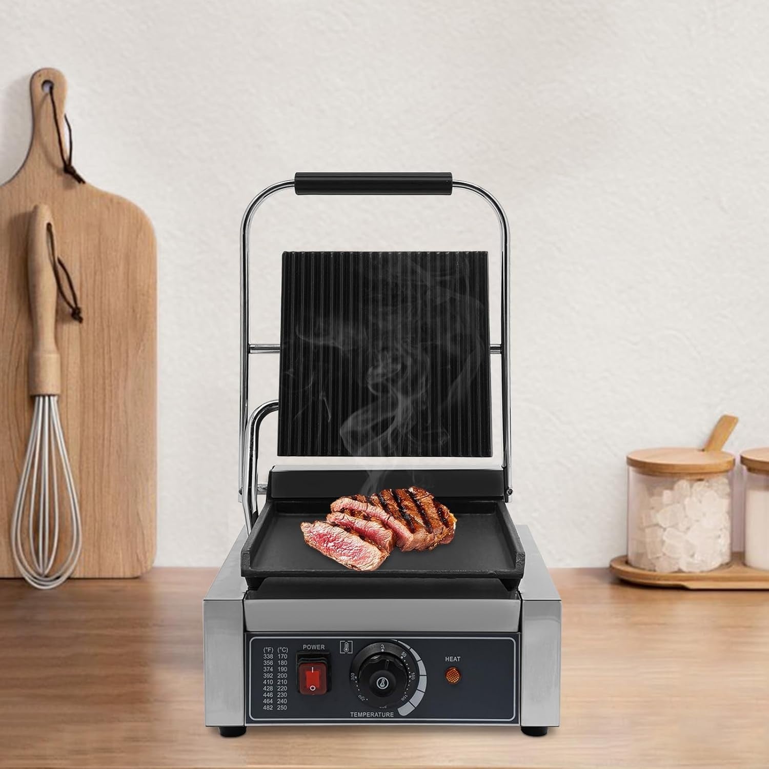 Commercial Panini Press Grill Adjustable Temp Double-Sided Plates
