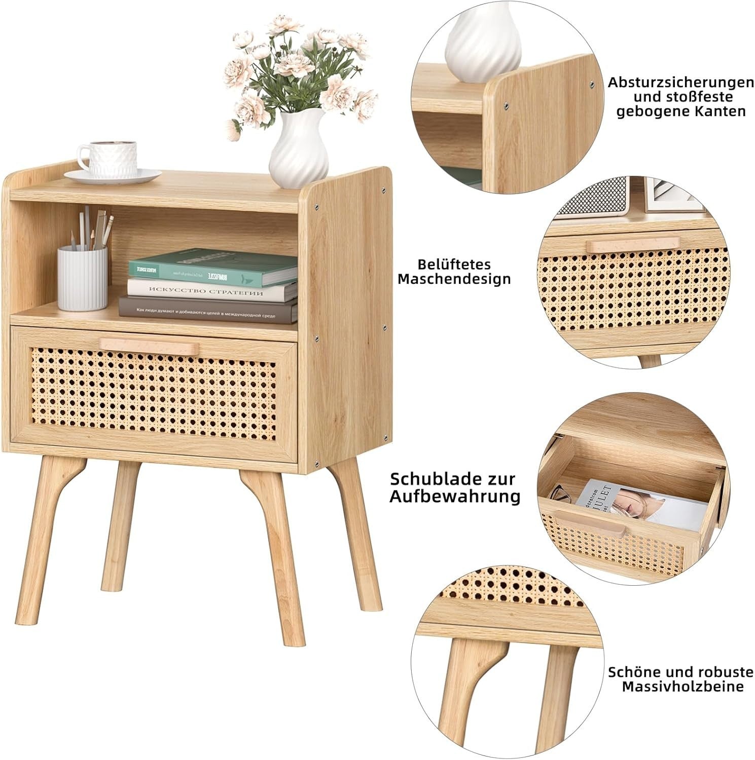 Natural Rattan Bedside Table with Drawer & Shelf – Boho Wooden Nightstand